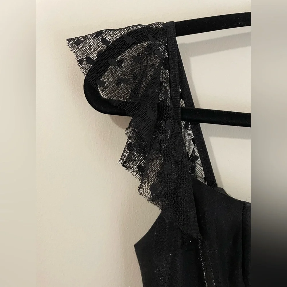 VTG Jessica McClintock Gunne Sax Black Satin Evening Gown Dotted Tulle Ruffle 5 - Picture 4 of 13